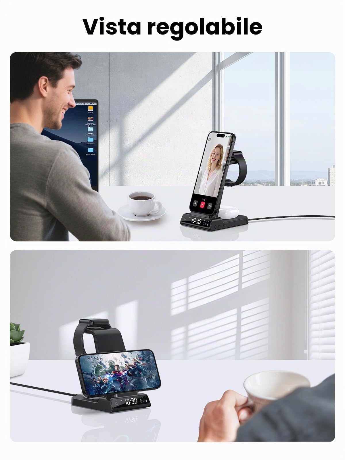 Caricabatterie Wireless per Apple, 3 in 1 Stazione di Ricarica Wireless con Orologio per iPhone 16/15/14, per Caricabatterie per Apple Watch 10/9/8/7/6/SE, Charging Station con Air Pods 4/Pro
