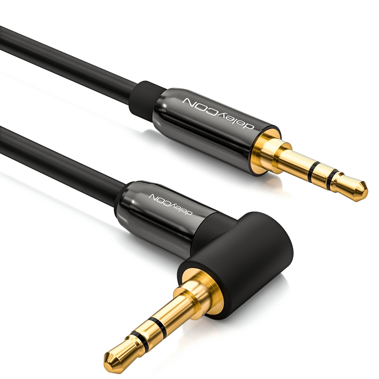 deleyCON 2m Kabel Jack 3,5 mm AUX Kabel Audio Stereo Wtyk Jack 1x Pod Kątem 90° do PC Laptopa Telefonu Smartfona Tabletu Samochodu Amplitunera HiFi - Czarny