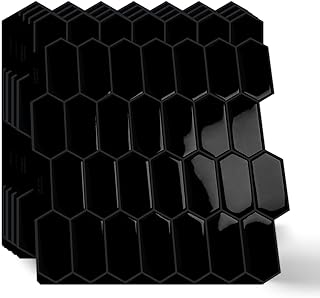 10-Sheet Long Hexagon Peel and Stick Kitchen Backsplash Tiles,3D Waterproof Self-Adhesive Wall Tile Stick on Backsplash for Kitchen, Bathroom, Fireplace,RV(Black,12"×12")