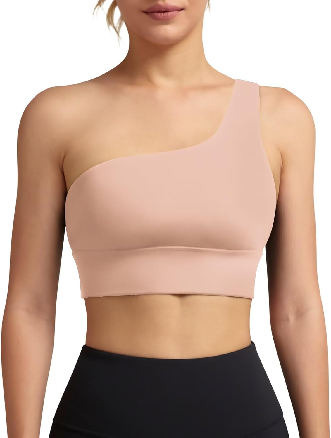 Womens One Shoulder Sports Bra Workout Strap Yoga Bras Cute Low Support Tops Large #1-pearl Blush