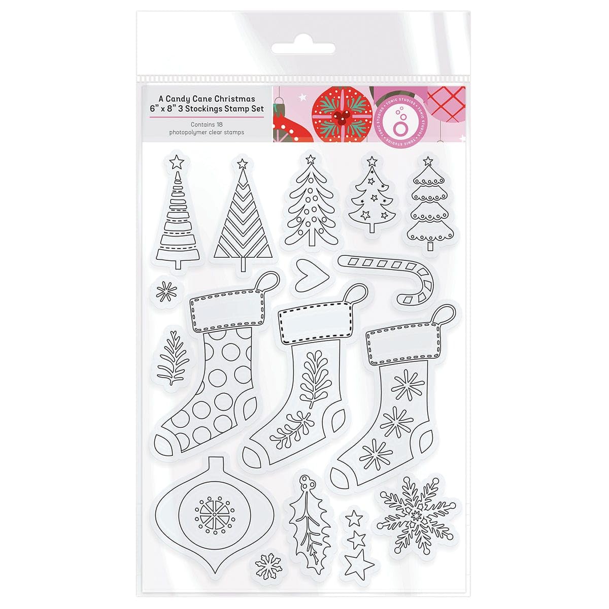 Tonic Studios White A Candy Cane Christmas 3 Stockings Stamp Set - 6" X 8" | 18 Clear Stamps | Perfect For Colouring With Nuvo Consumables