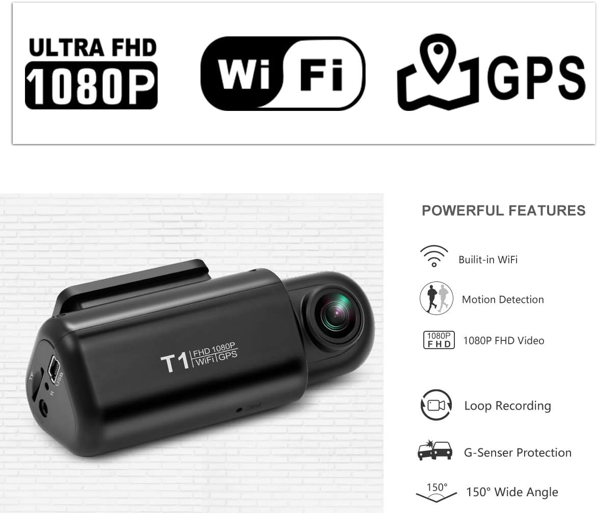 Graphic illustrating key features: 1080P FHD, WiFi, GPS, Motion Detection, Loop Recording, G-Sensor Protection, 150 degree Wide Angle.