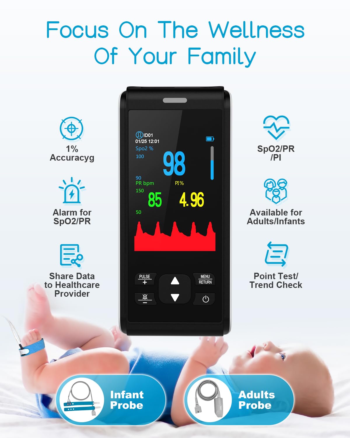 Handheld Pulse Oximeter for Baby & Adult - Dettaglio