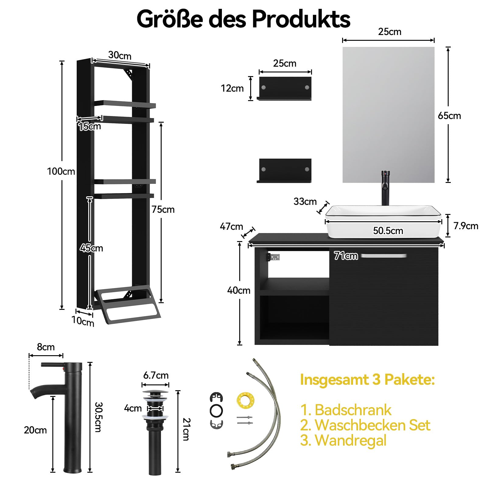 YU YUSING Set di Mobili da Bagno con Lavabo, Specchio, Portasciugamani, Arredo Bagno Completo, Mobile Lavandino Bagni da 71cm, Mensola Doccia 3 Ripiani, 2 Ripiani Muro, Set Rubinetti, Bianco