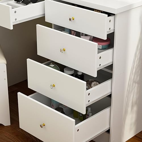 Miniatura 5 de AGOTENI Juego de tocador grande con espejo, 5 cajones y estantes, tocador y taburete acolchado (espejo iluminado deslizante blanco)