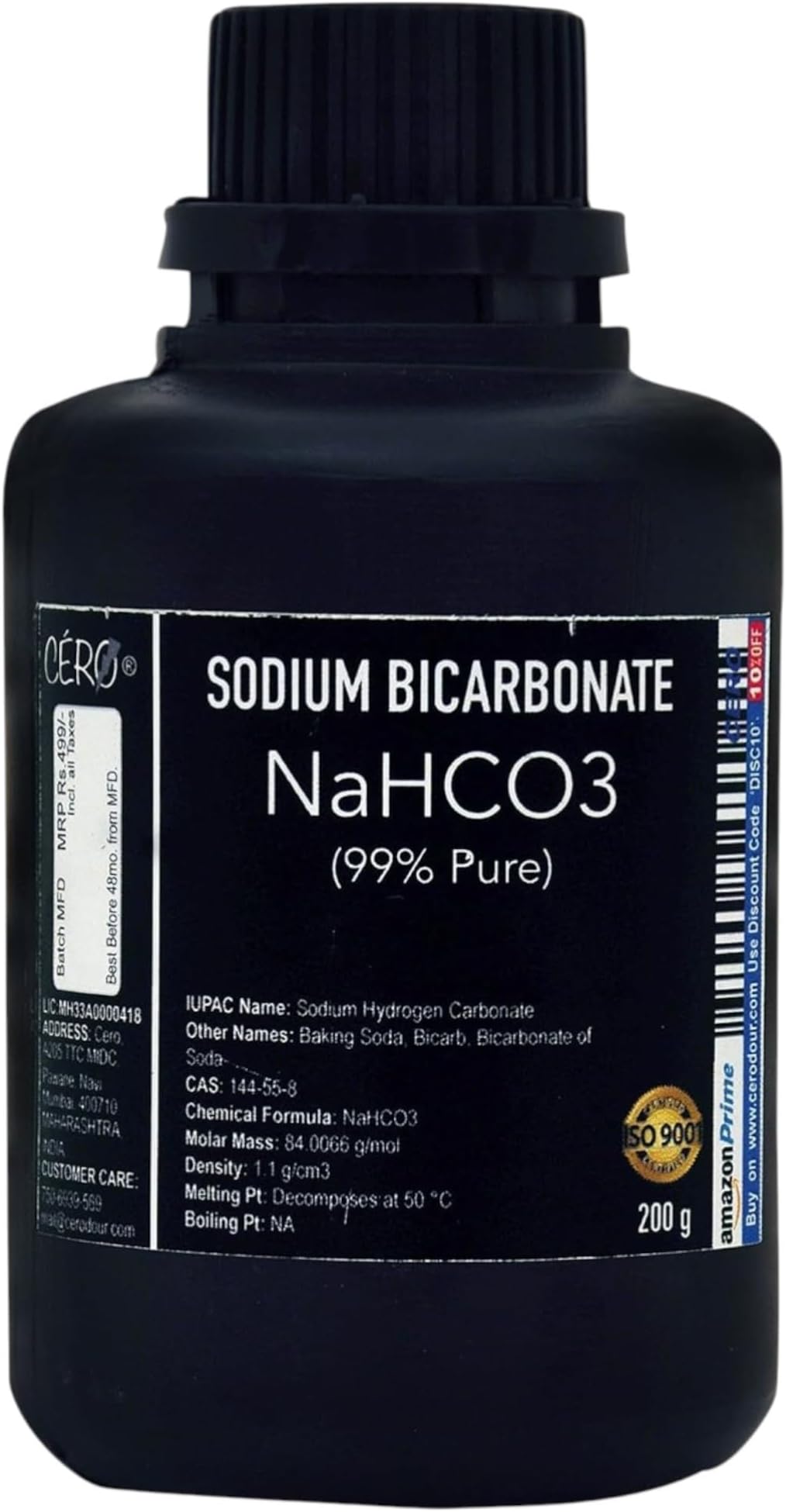CERO® SODIUM BICARBONATE 99% Pure for Fridge odor neutralize, Stain Remover for laundry, Kitchen cleaner, Carpet stain remover, Multipurpose bathroom cleaner, [NaHCO3] CAS: 144-55-8 (200g)