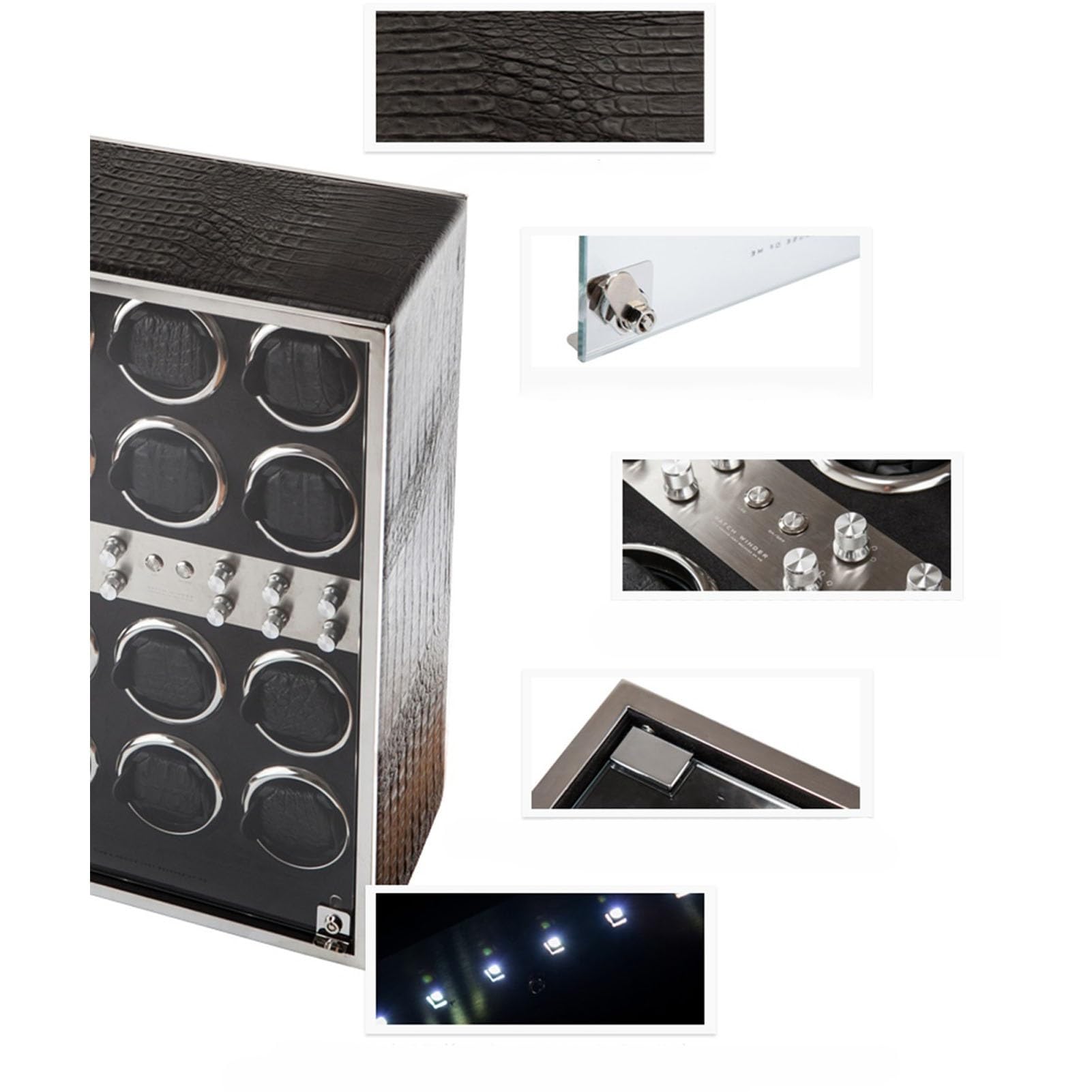 Rotomat do 12 zegarków automatycznych, lite drewno, skóra, oświetlenie LED