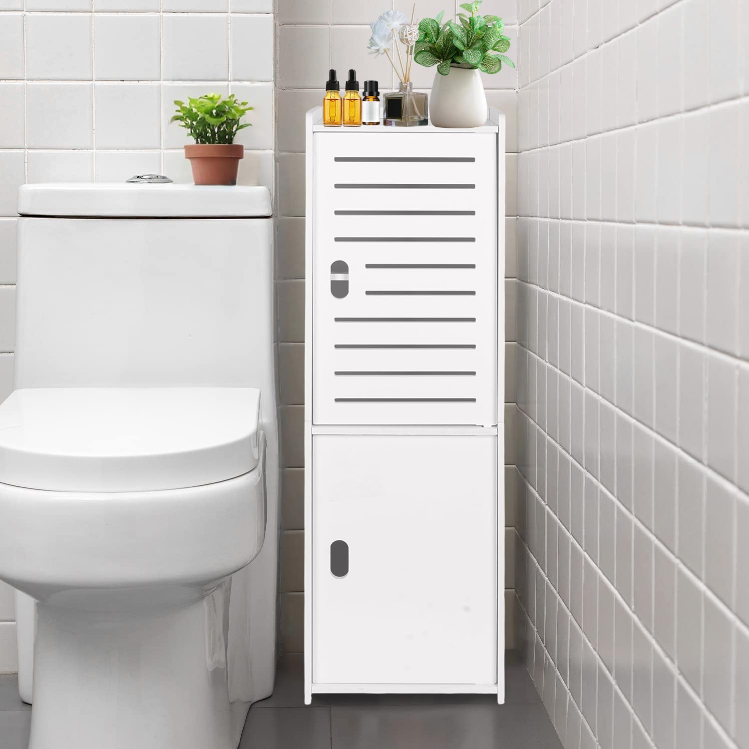 powerking 3 Nivel Baño Armario de Almacenamiento, Organizador Independiente con Puertas, Armario de Piso de Almacenamiento Blanco para Dormitorio, Aseo, Sala de Estar, Cocina, Balcón, Oficina