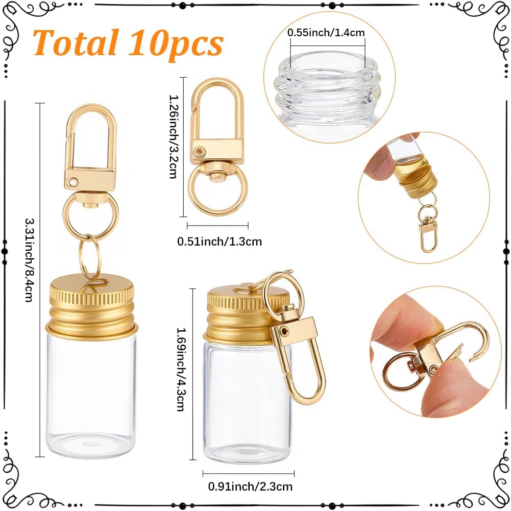 SUNNYCLUE 1 Box 10Pcs 7ml Small Glass Bottle Keychain Mini Glass Jar Keychain Gold Column Bottle Caps with Empty Clear Vials Alloy Swivel Clasps Key Chains for Wedding Favors Home Crafts Travel Gifts image 2