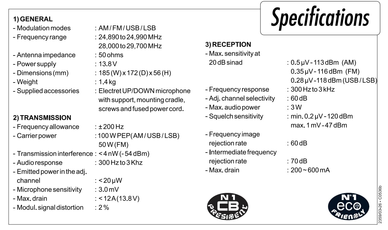 President Washington 100W – Ricetrasmettitore CB/Radioamatore HF 10m/12m, AM/FM/USB/LSB, 100W PEP, Porta USB, VOX, SWR, Bluetooth Compatibile, Stazione Base