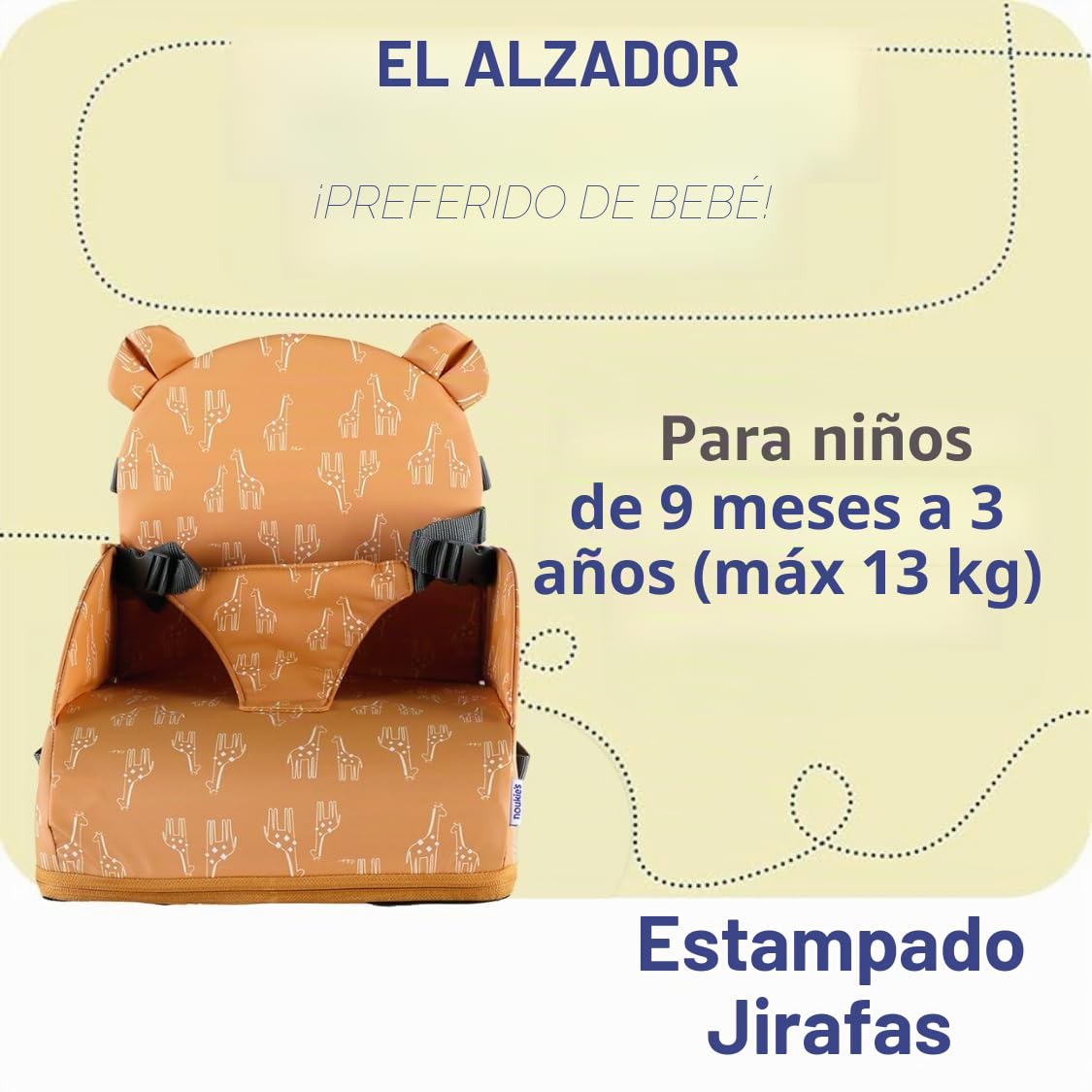 NOUKIE'S – Elevador Ocre bebé de 9 meses a 3 años, silla infantil con respaldo y cojín- Ligero, plegable y nómada, arnés, seguridad, impermeable, extraíble y lavable, máximo 13 kg, ideal para viajar