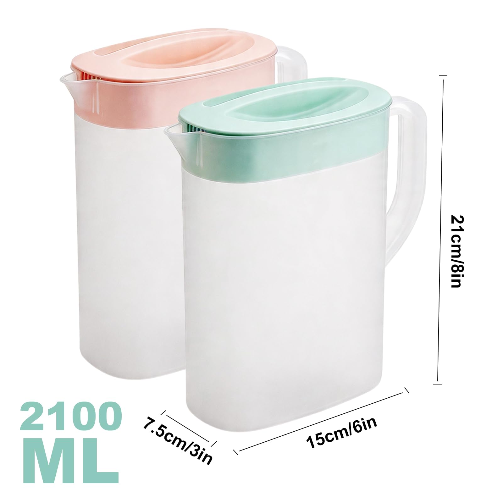 2 boccali in plastica da 2,1 l con coperchio: materiale PP con manico, ampia apertura con coperchio, per la casa e picnic, tè, succhi di frutta, limonata