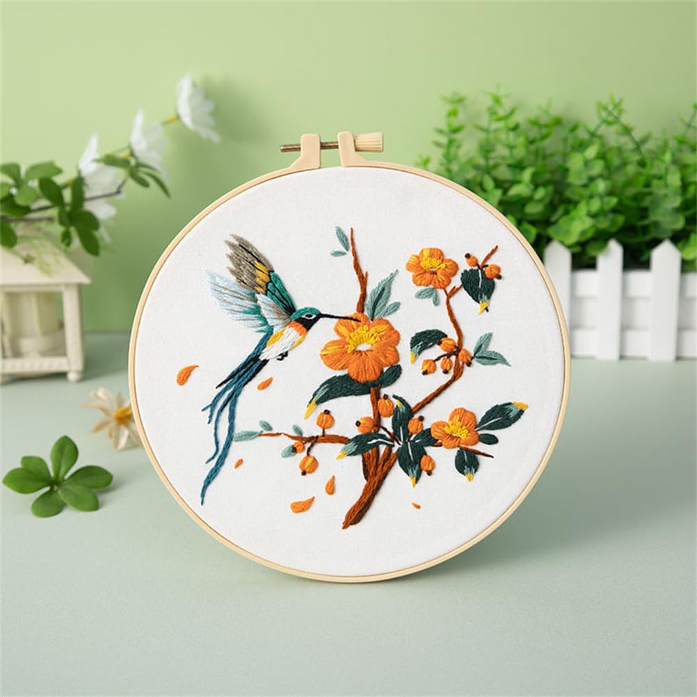 Meecaa Embroidery Kit Starter Set, Hummingbird Flower Animal Hand Embroidery Set, Pattern Printed Cross Stitch Set for Beginner Adults, with Embroidery Hoop and Instructions (Hummingbird)
