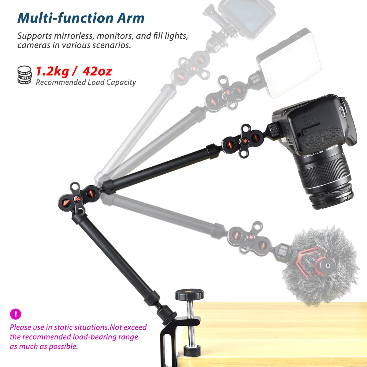 Brazo mágico ajustable de 53 cm con súper abrazadera, soporte de teléfono superior, soporte y abrazadera de cámara de escritorio resistente, brazo de fricción articulado para luz, cámara web