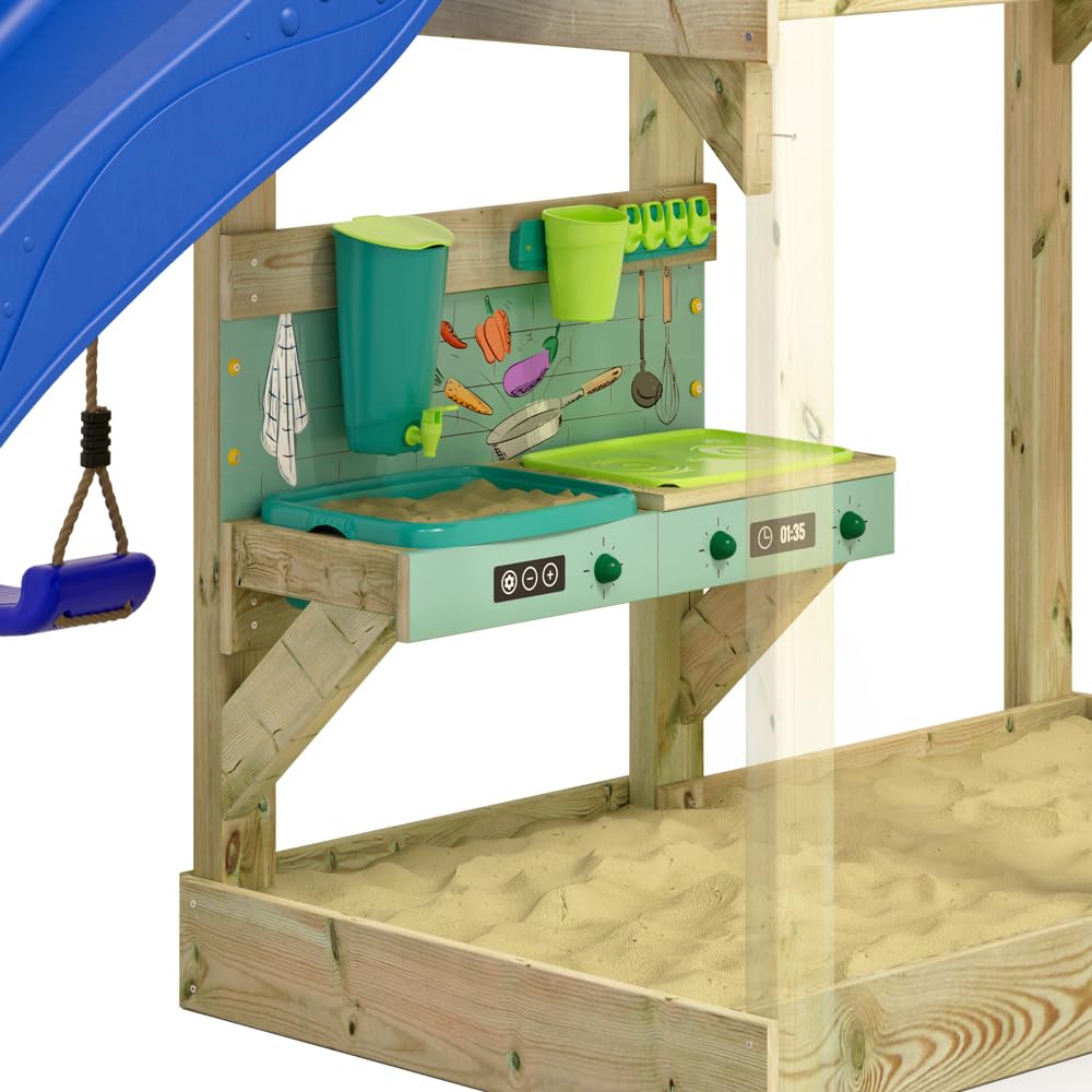 WICKEY Spielturm Klettergerüst MultiFlyer Holzdach mit Schaukel & Rutsche, Kletterturm mit Holzdach, Sandkasten, Leiter & Matschküche - pastellgrün