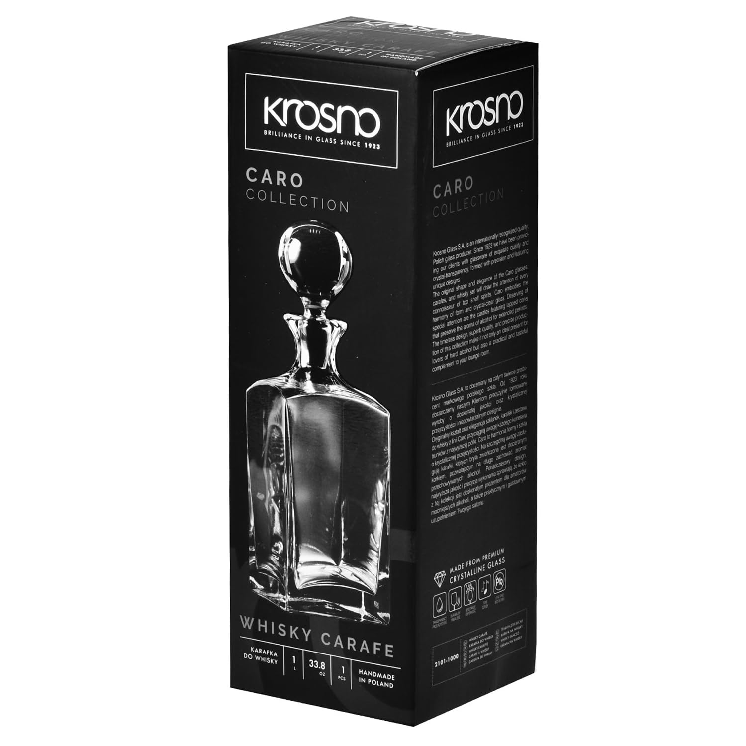KROSNO Dekanter do Whisky, Bourbona i Rumu Caro z Korkiem, 1000 ml | Szkło Kryształowe Bezołowiowe, korek ogranicza utratę aromatu, do whisky, bourbona i rumu, elegancki prezent