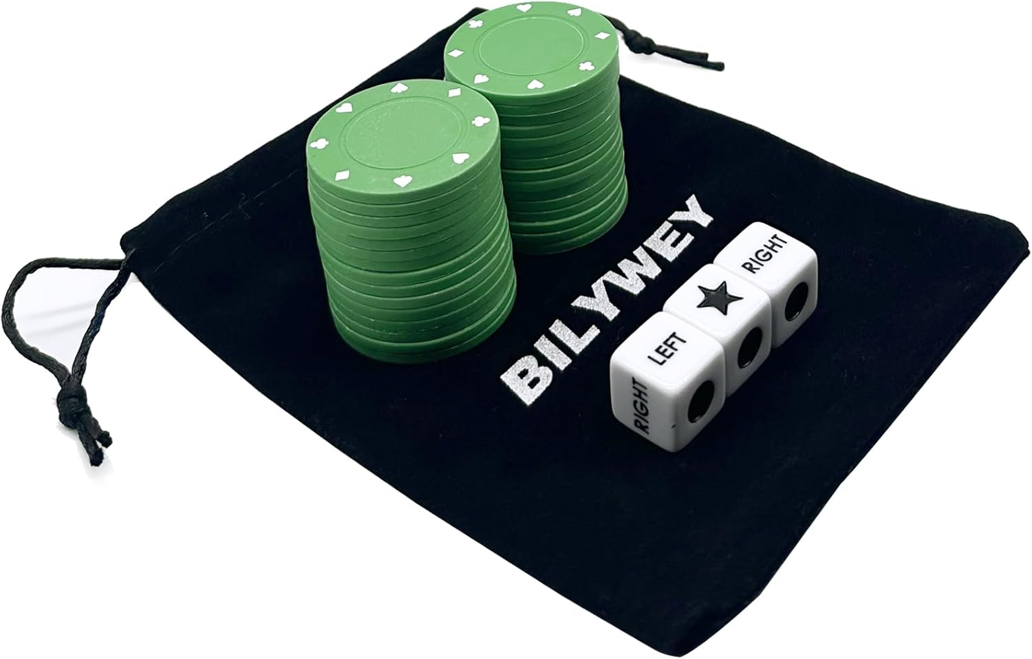 Annietfr Upgrade Left Right Center Dice Game Set with 3 Dices + 30pcs 4cm Green Poker Chips + Black Storage Carry Tin (Green)
