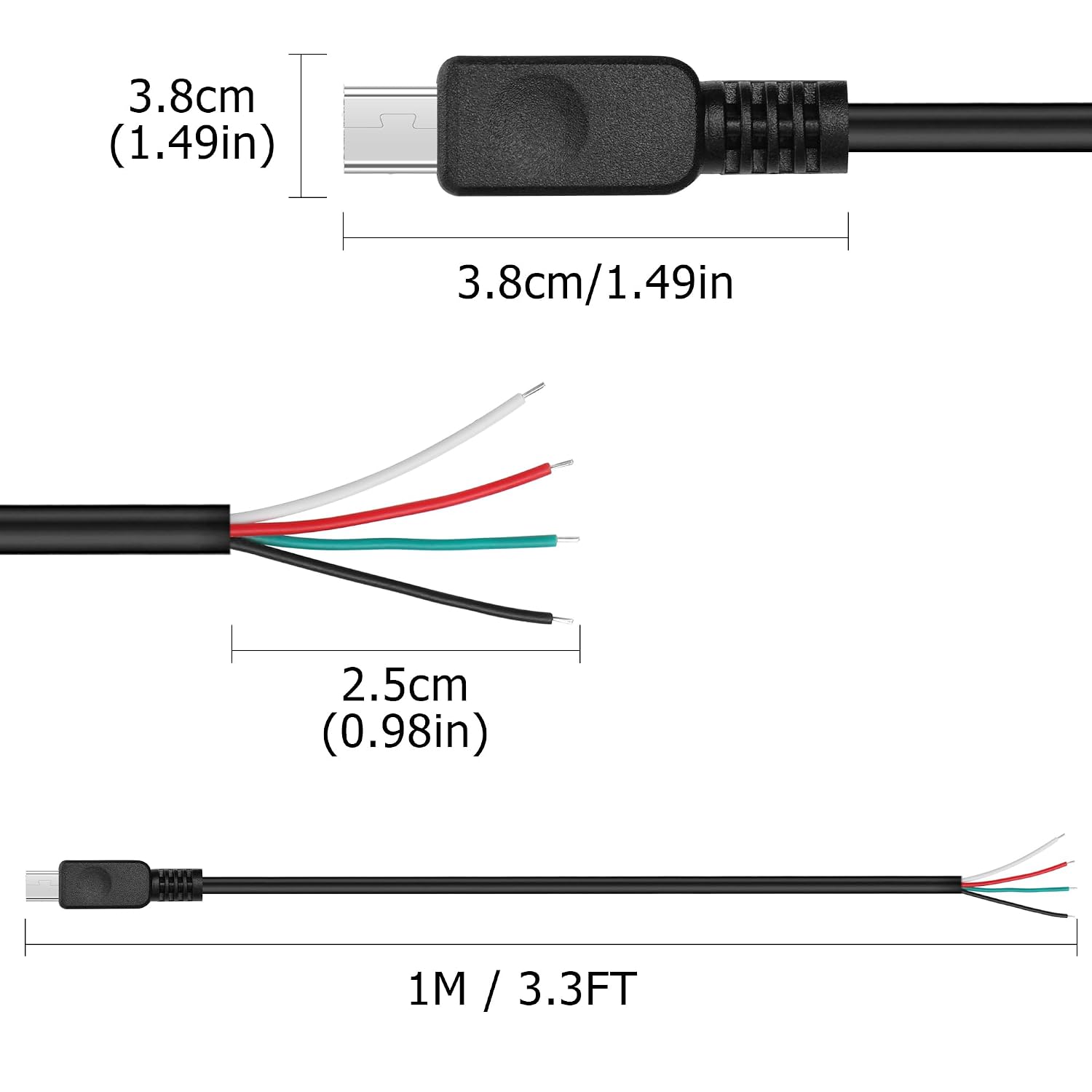 YAODHAOD Mini USB Male Pigtail Power Cable, 5V 2A to 4 Pin Open End, Easy Soldering for Equipment Installation or Replacement Repair DIY - 1M/3.3FT image 5