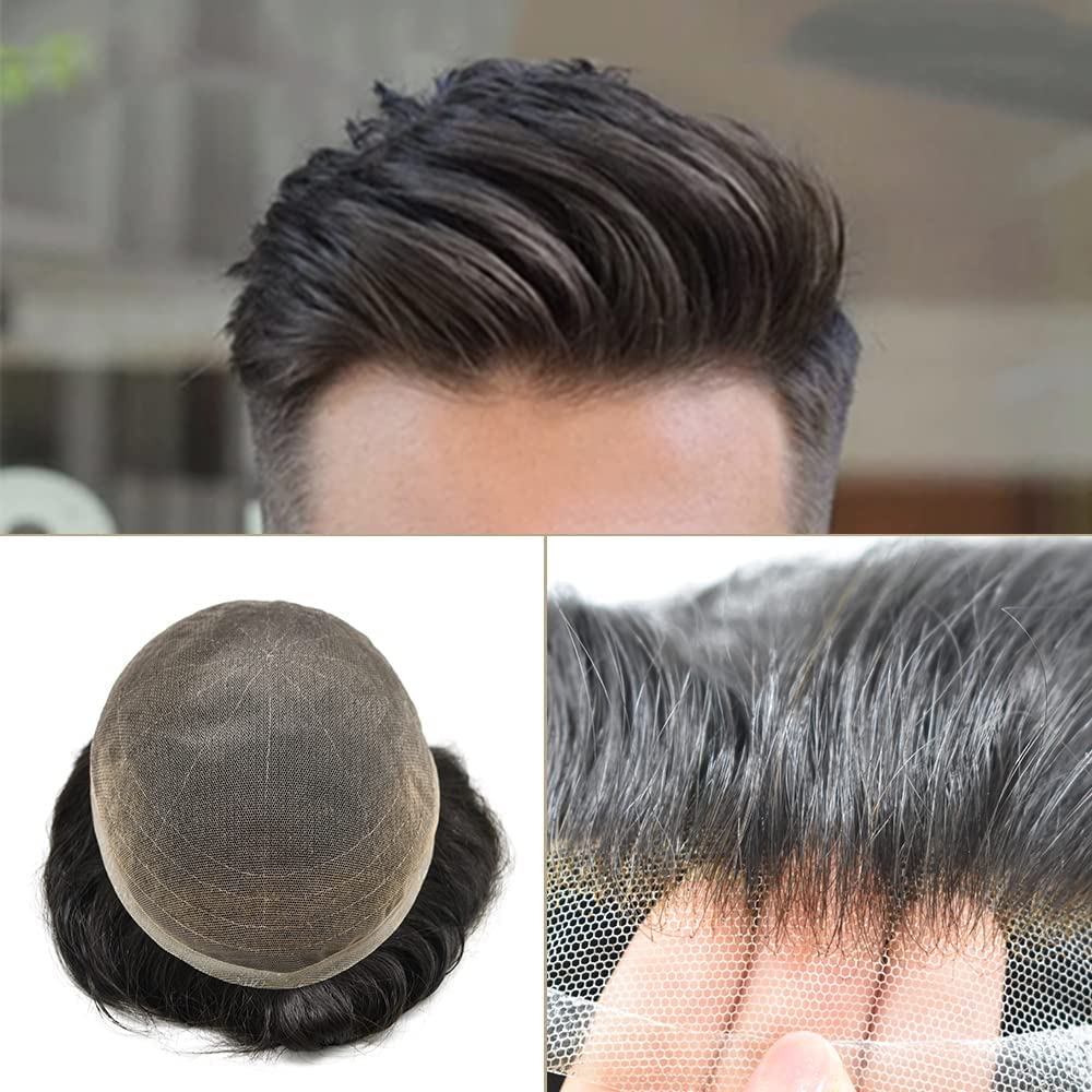Full French Lace Mens Toupee Human Hair Piece Replacement Systems Full Lace Mens Hair System Toupee for Men Hair Pieces Bleached Knot Natural Hairline7''X10''2# DARKEST BROWN-100% density