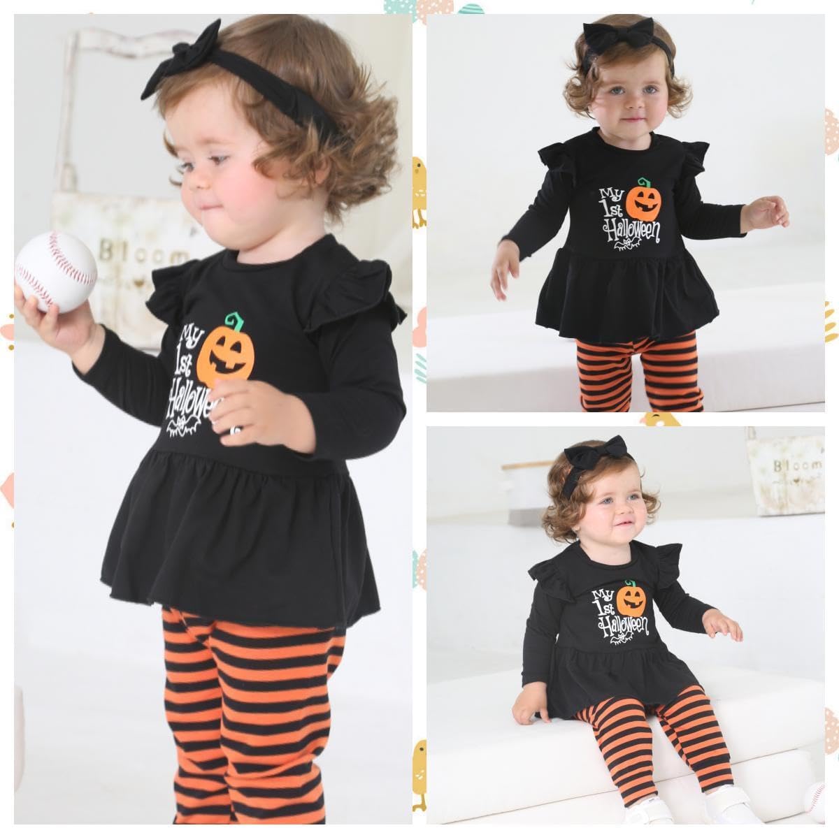 Noubeau My 1st Halloween Baby Girl Outfits Ruffle Pumpkin Print Tunic Drees Shirt Stripe Pants Legging Fall Winter Clothes
