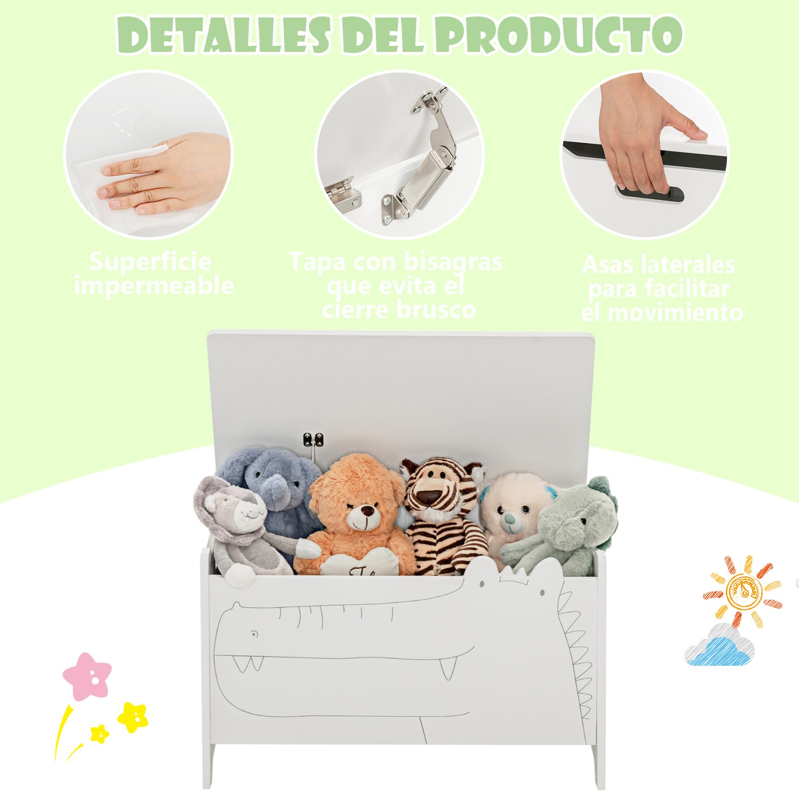 COSTWAY Caja de Almacenamiento de Juguetes de Madera, Cajón Infantil con Bisagra de Seguridad, Caja Infantil con Asas, Organizador de Niños para Dormitorio, Salón y Recibidor 33x60x37,5cm (Blanco)