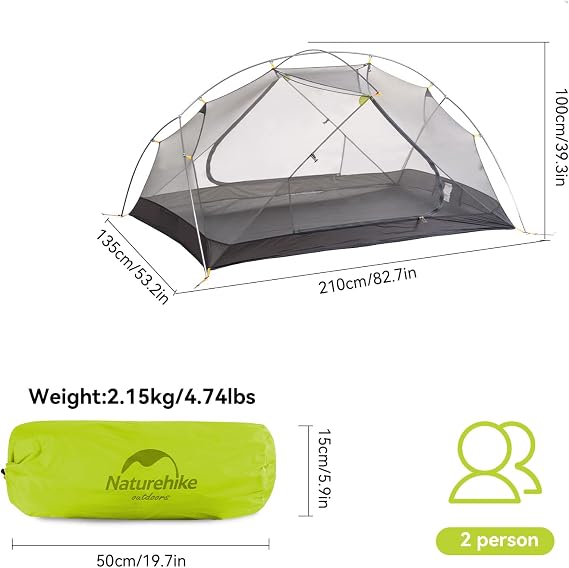 Naturehike Mongar Backpacking Tent 2 Person, Ultralight Tent Double Layer Pop Up Instant Free Standing Waterproof Tent for Bike Camping Hiking, 3 Season Outdoor Camping, Green-20D Nylon