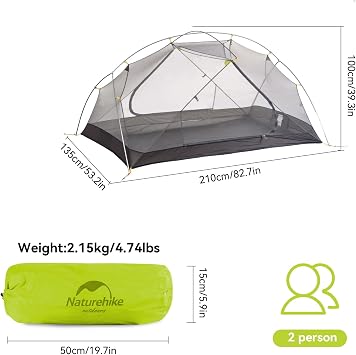 Naturehike Mongar Backpacking Tent 2 Person, Ultralight Tent Double Layer Pop Up Instant Free Standing Waterproof Tent for Bike Camping Hiking, 3 Season Outdoor Camping, Green-20D Nylon