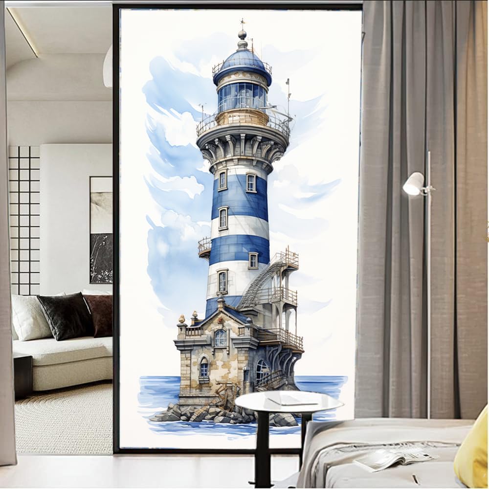 Nautical Ship Lighthouse Window Privacy Film Blue Coastal Retro Ocean Beacon Stained Glass Window Coverings Static Cling Window Film for Home Office Stores 35.4Wx63L