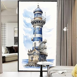 Ocean Lighthouse Stained Glass Window Film Vintage Coastal Blue White Beacon Privacy Window Film Glass Door Covering Non-Adhesive Window Stickers for Bathroom Kitchen 31.5Wx47.2L