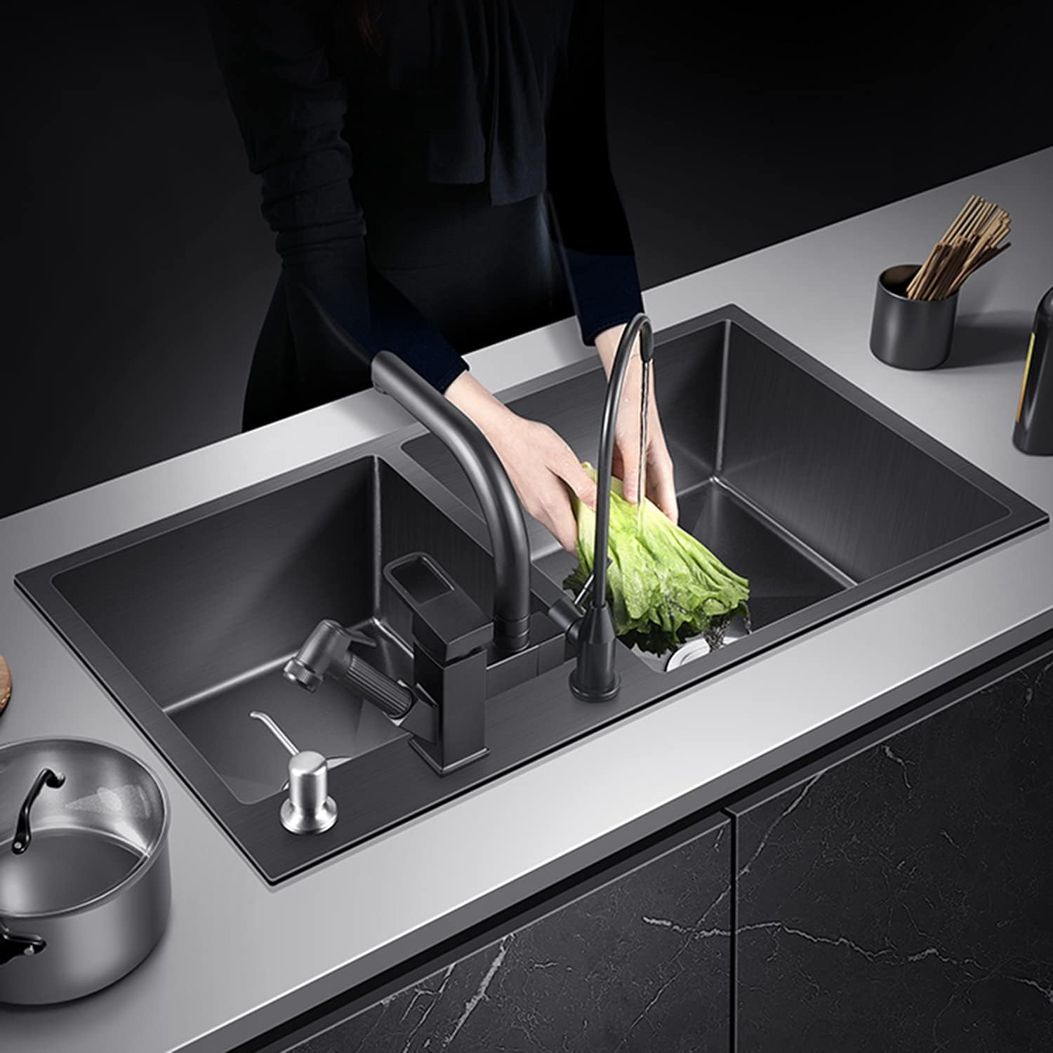 Restaurant Bar Counter Double Bowl Sink, Household Stainless Steel Large-Capacity Sink, with Drainage Set (B 78 * 43 * 20cm) (B 78 * 43 * 20cm)