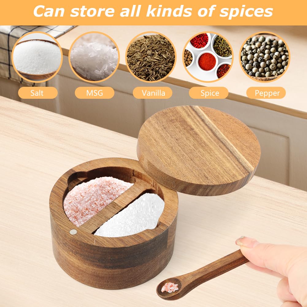 Cuenco de madera para sal y pimienta, con tapa giratoria y cuchara, contenedor redondo para sal y especias
