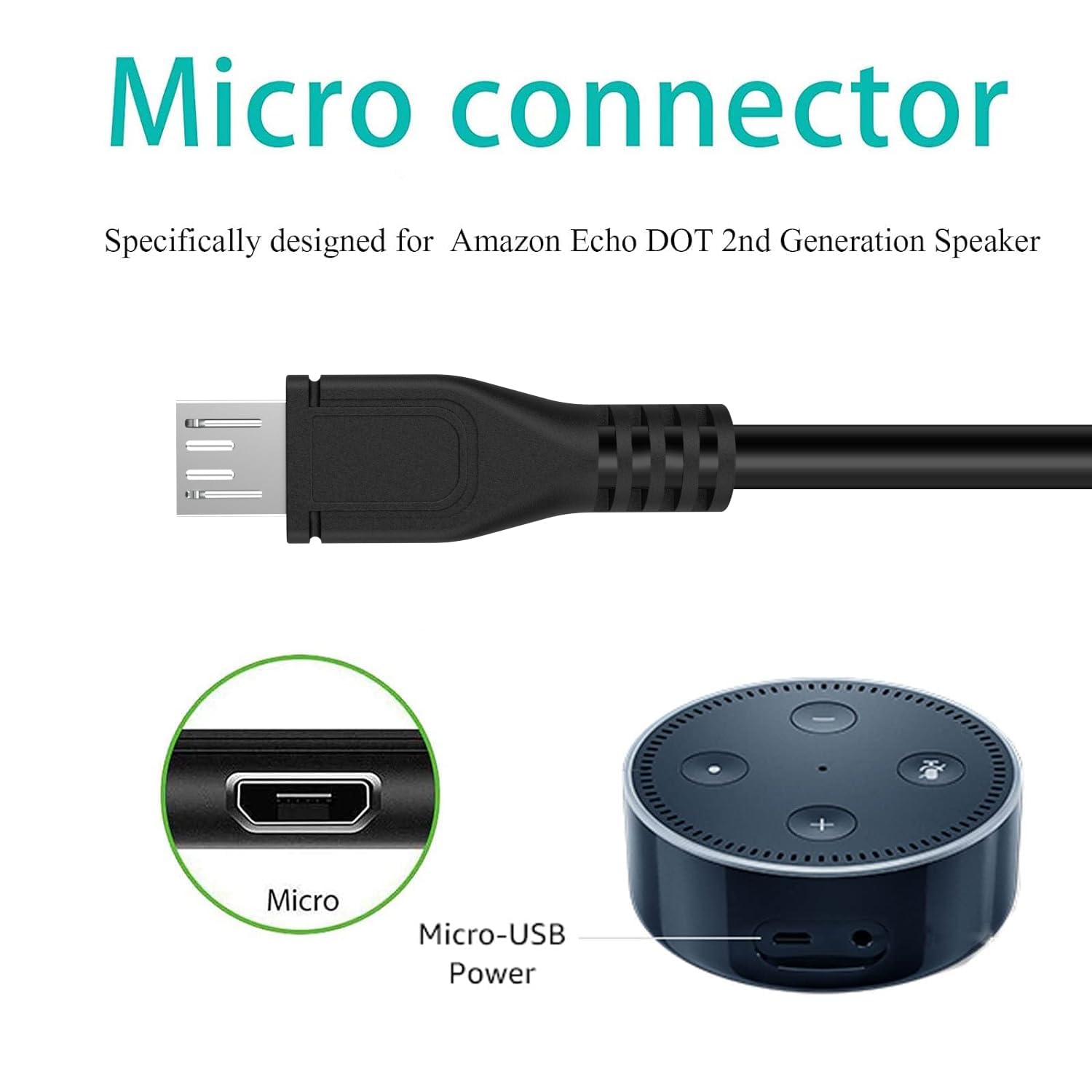 Amazon Echo ブラック USBケーブル付　O2T2V3 Replacement USB Charger Cable Lead Cord for Amazon Echo DOT 1st