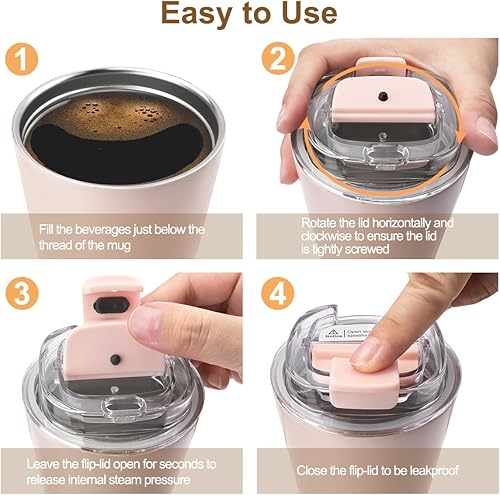 Miniatura 5 de PHILORN Vaso de café rosa  Taza de café aislada de 12 onzas con tapa, taza térmica a prueba de fugas para bebidas calientes y heladas, taza rosa al