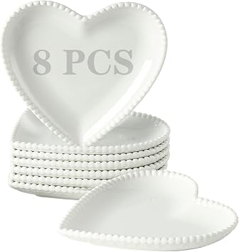 7.5 White Porcelain Heart Shape Appetizer Plates Set of 8 | Small Dinner Plates, Dessert Salad Plates Serving Dishes for Cake, Snack, Ice Cream, Waffles Microwave Oven Dishwasher Safe
