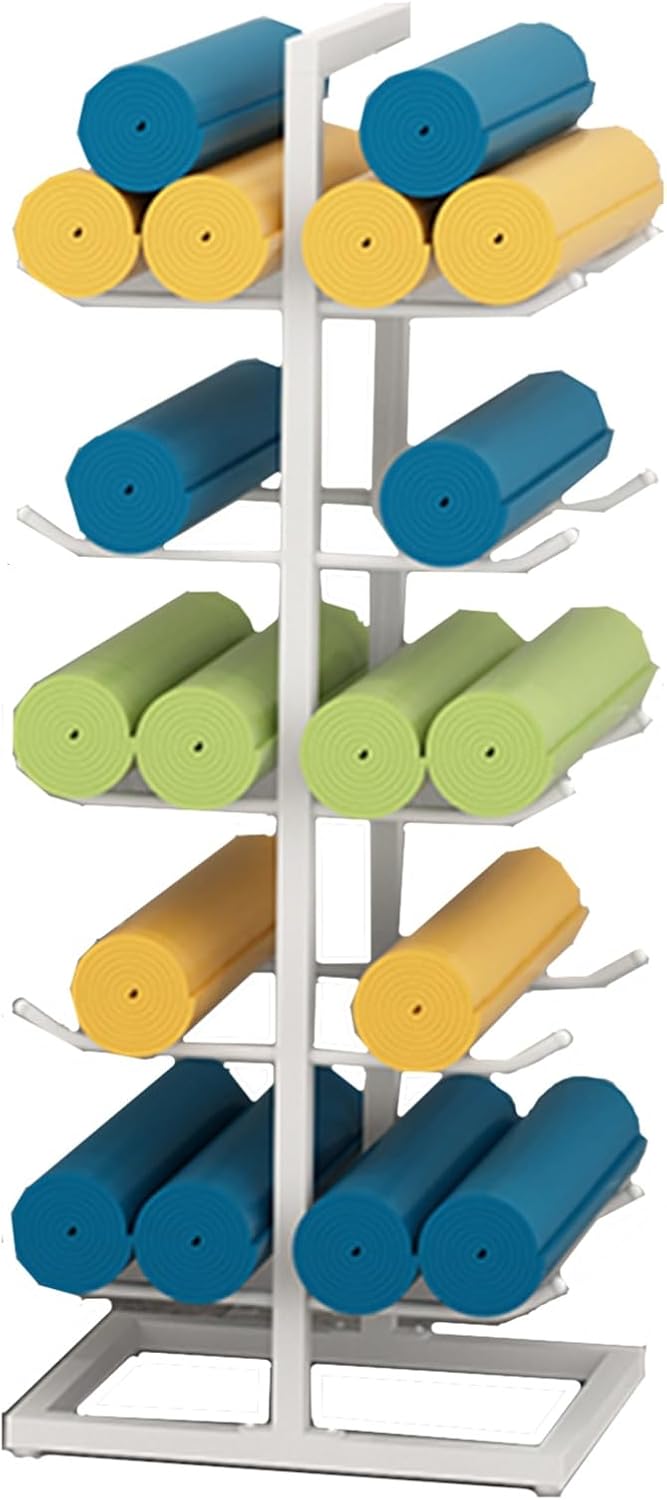 Snowboard Storage Rack，Yoga Mat Holder,5 Tier Standing Yoga Mat Holder, Floor Standing Foam Roller Rack with Hooks for Home Gyms and Office Workout Room, Double-Sided Yoga Mat Rack for Pilat