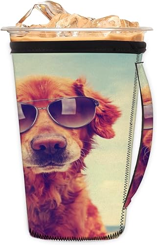 Dog Golden Retriever - Funda reutilizable para café helado con asa, funda de neopreno para refrescos, lattes, té, bebidas, cerveza (18 - 32 onzas)