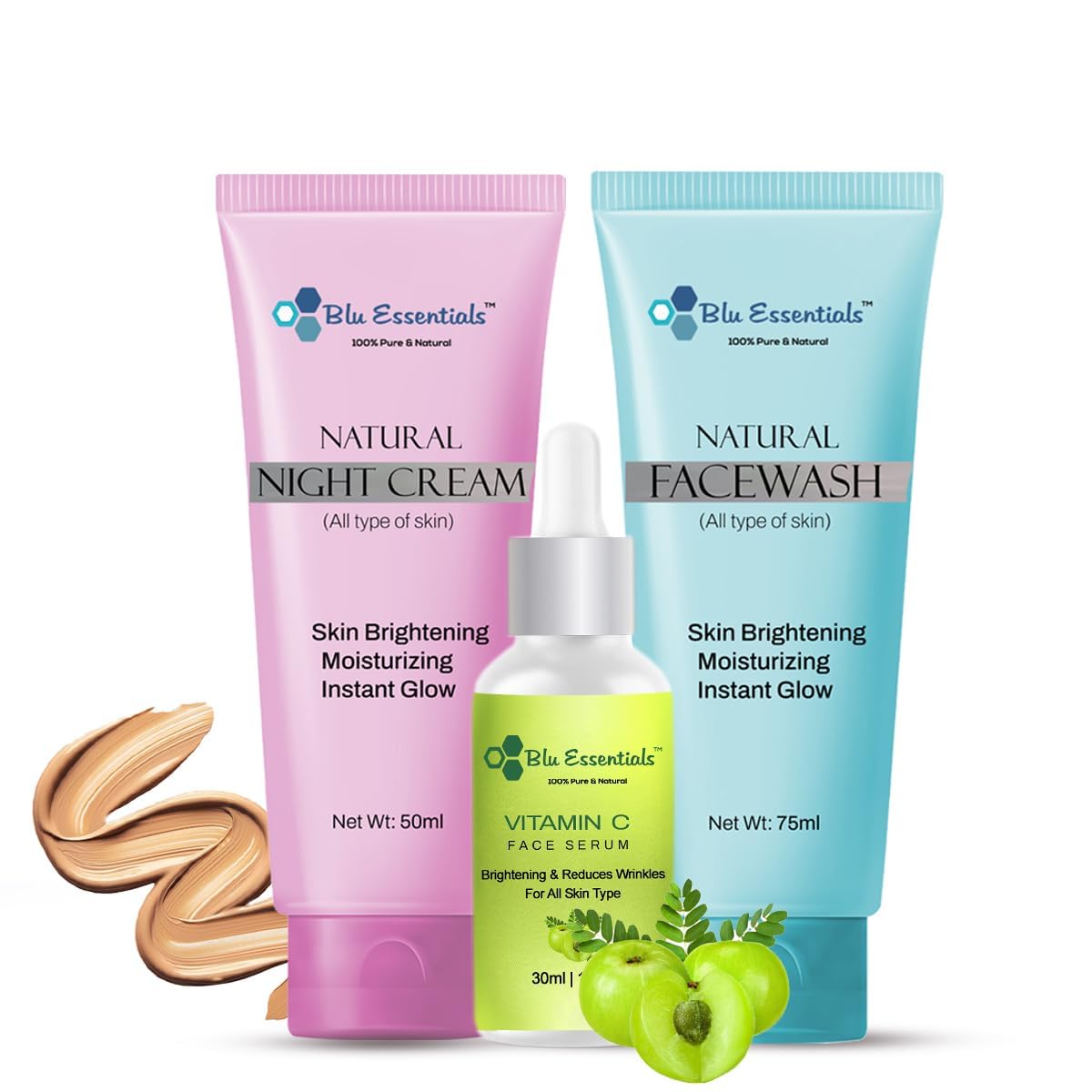 Blu Essentials Vitamin C Skin Care Set | Face Wash, Night Cream & Serum | Brightening, Hydrating & Anti-Aging Face Care Trio for Glowing Skin-image-45