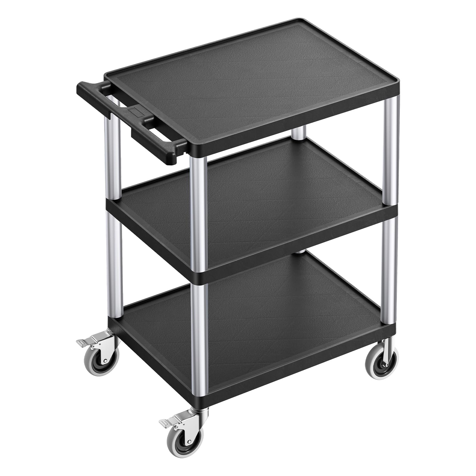 VEVOR Carro Multiusos, Carro de Servicio de Plástico Resistente de 3 Estantes 695 x 460 x 825 mm con Ruedas Giratorias de 360° (2 con Frenos), Carga de 136 kg, para Almacén, Garaje, Negro