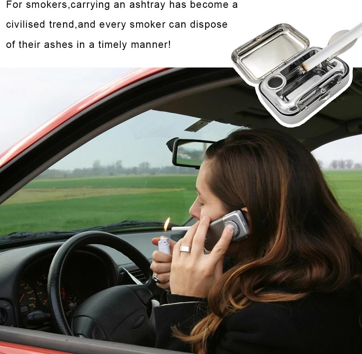 Mini Portable Ashtrays, Metal Pocket Dustproof Car Ash Tray with Lid, Compact Square Windproof Car Cigar Ashtrays, Decorative Cigarette Snuffers Ashtray for Car Home Office (Silver)