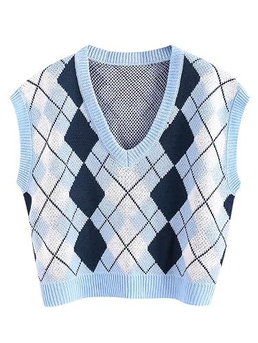 Zaful Women's Casual Plaid V-Neck Vest Y2K Preppy Style Vintage Knitwear Top Argyle Oversized Sleeveless Sweater(Light Blue,M) #TOP1