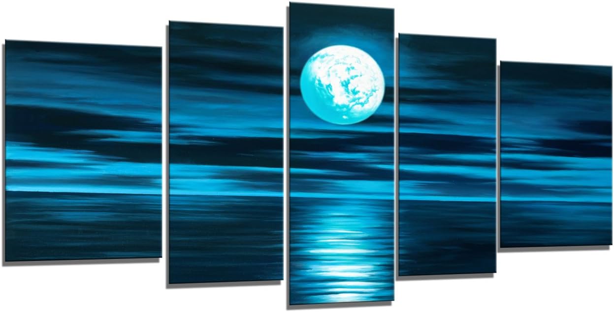Boqi Art-5 Piece Blue Full Moon Giclee Prints Framed Hanging Wall Art for Home Decoration