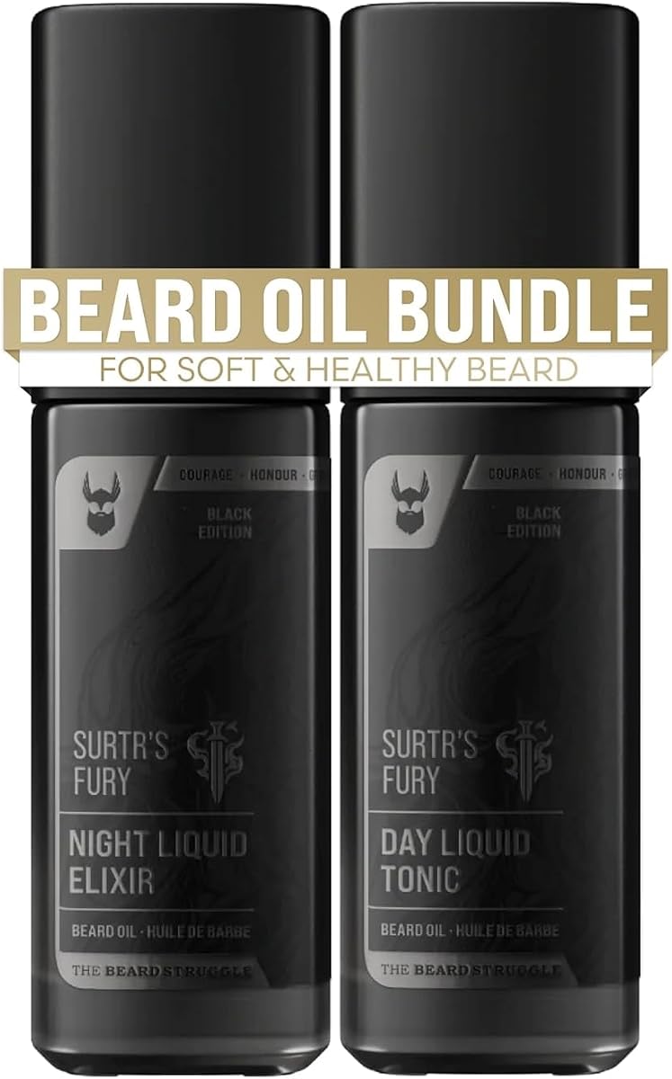 The Beard Struggle Tonic + Elixir Beard Oil Bundle - Colección Platinum - Aceite para el cuidado de la barba - Suaviza, humecta y fortalece el crecimiento de la barba - Paquete de 2, Surtr's Fury