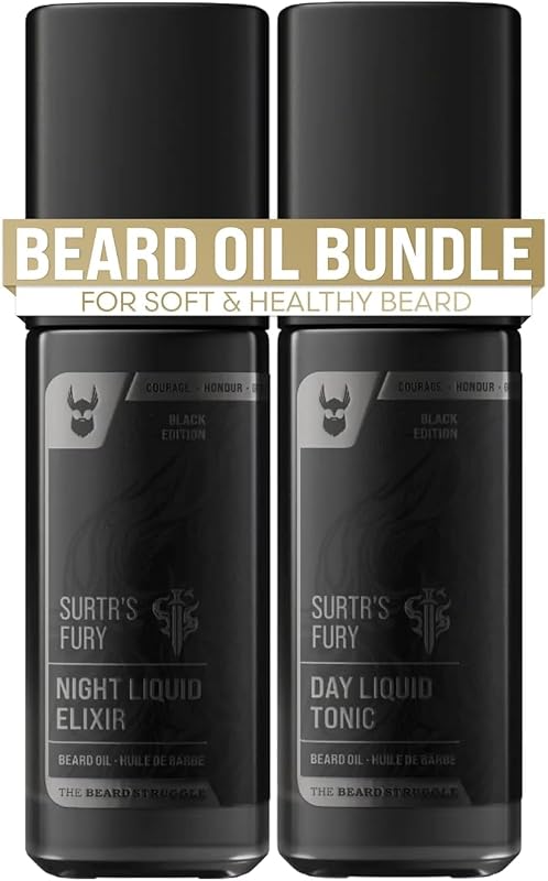 The Beard Struggle Tonic + Elixir Beard Oil Bundle - Colección Platinum - Aceite para el cuidado de la barba - Suaviza, humecta y fortalece el crecimiento de la barba - Paquete de 2, Surtr's Fury