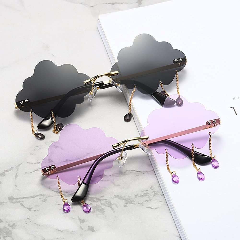LASPOR Retro Rimless Sunglasses for Women Men Vintage Metal Frameless Cloud Glasses Raining Crystal Pendant UV400 Protection