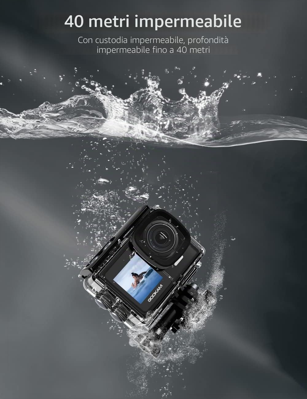 Action Cam WiFi 4K/60fps 24 MP Sports Camera con Touch Screen EIS Anti-Shake Fotocamera subacquea Impermeabile 40M, Microfono esterno 2x1350mAh Batterie