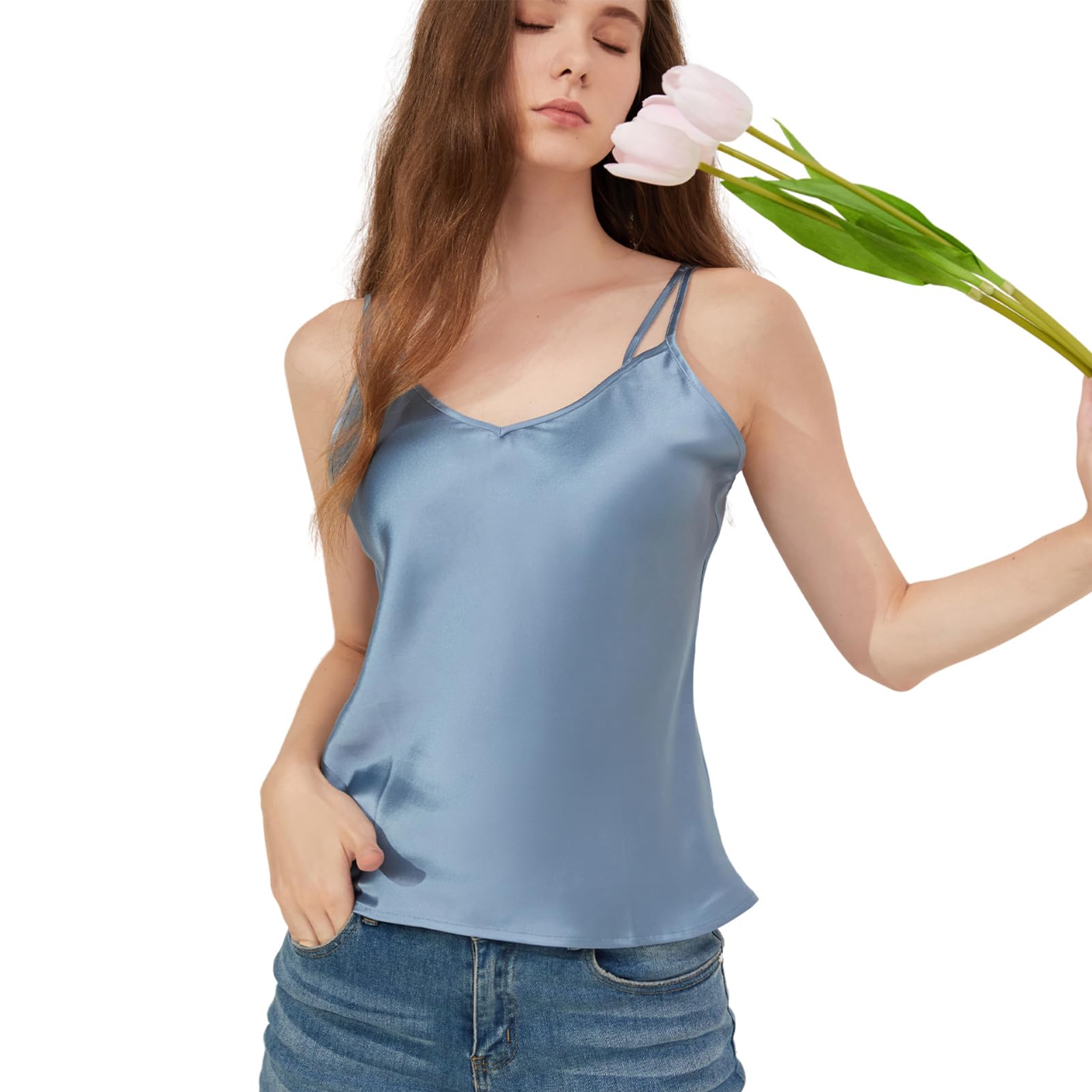 THXSILKPure Mulberry Silk Vest Top Casual V Neck, Mulberry Silk Tank Top Casual V Neck, Sleeveless Tank Top Basic Camisole