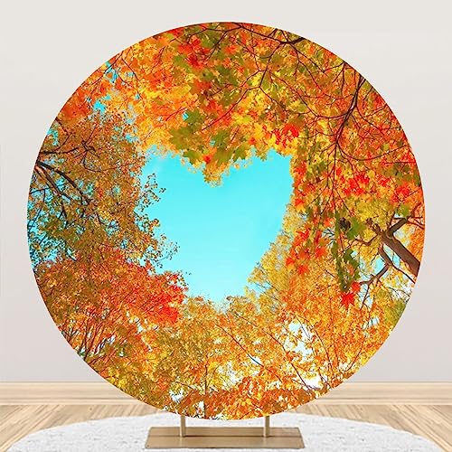 DORCEV Diameter 3ft Fall Season Round Backdrop Cover Golden Yellow Maple Leaves Fall Thanksgiving Circle Photography Background for Kids Birthday Party Decor Baby Shower Photo Booth Props