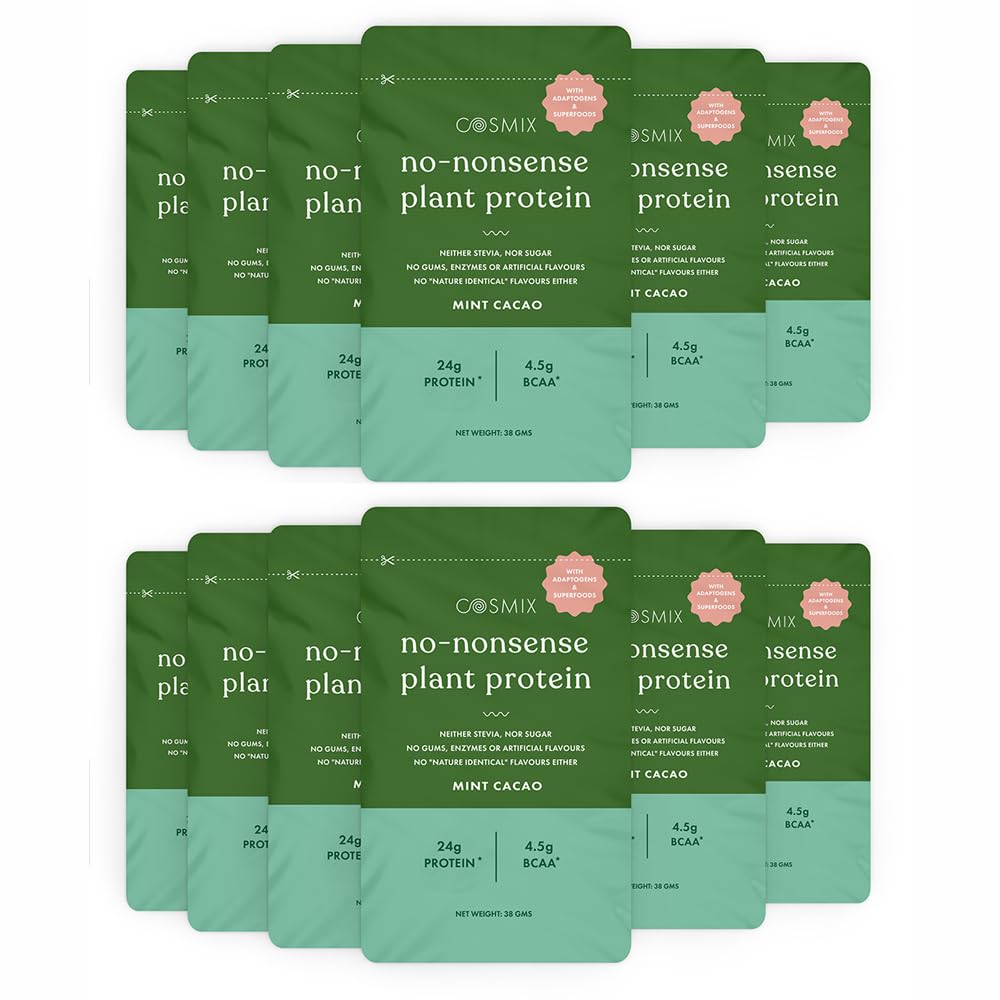 Cosmix No Nonsense Plant Protein - Organic Pea & Rice Isolate | Gut Friendly Superfoods | Complete Amino Acid Profile | Easy Digestion | 24g Protein/Sachet| Vegan | Mint Cacao (Pack of 12) (B0CJV3N2MQ) Amazon Price History, Amazon Price Tracker