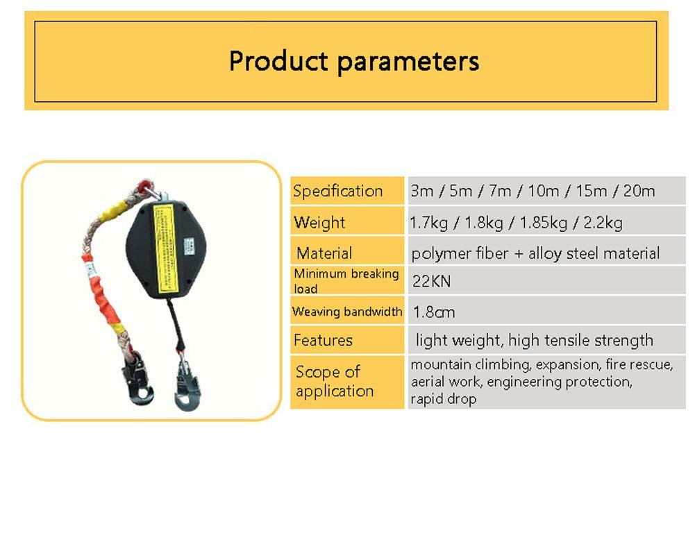 Antichute a Rappel Auto, Stop Chute+Crochet à Retenue Automatique, 3m/5m/6m/10m/15m/20m, Charge-150KG, Ideal pour Toiture, échafaudage et Travaux Aériens, Noir5m