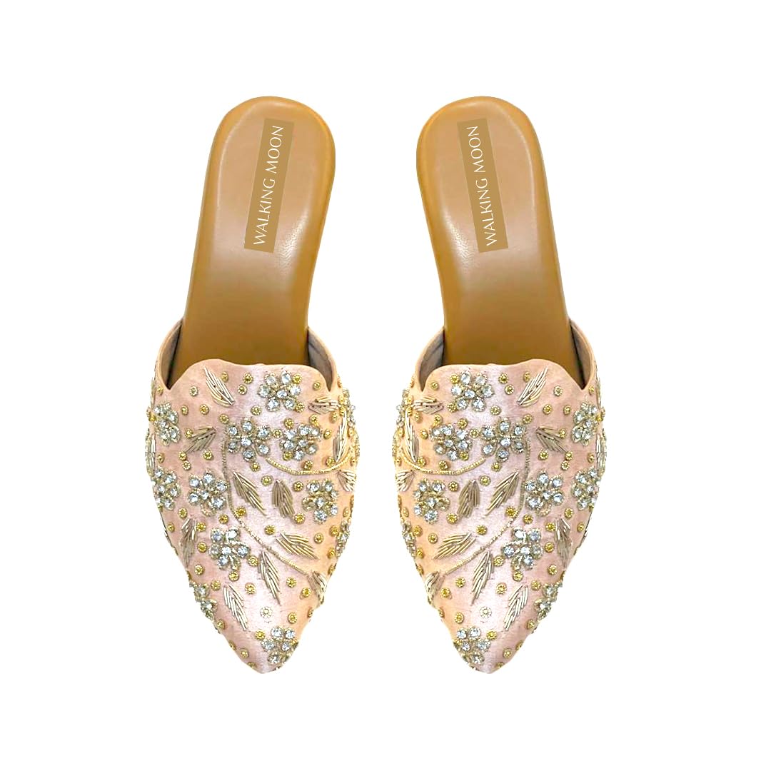 Women Handcrafted, Peach Golden Zardosi & Beads Mules, Pointed Toe Ethnic Bridal Heels for Wedding & Party